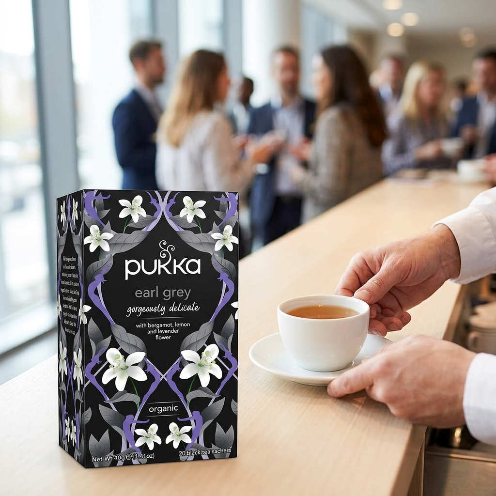 En kop Pukka Earl Grey serveres ved en reception