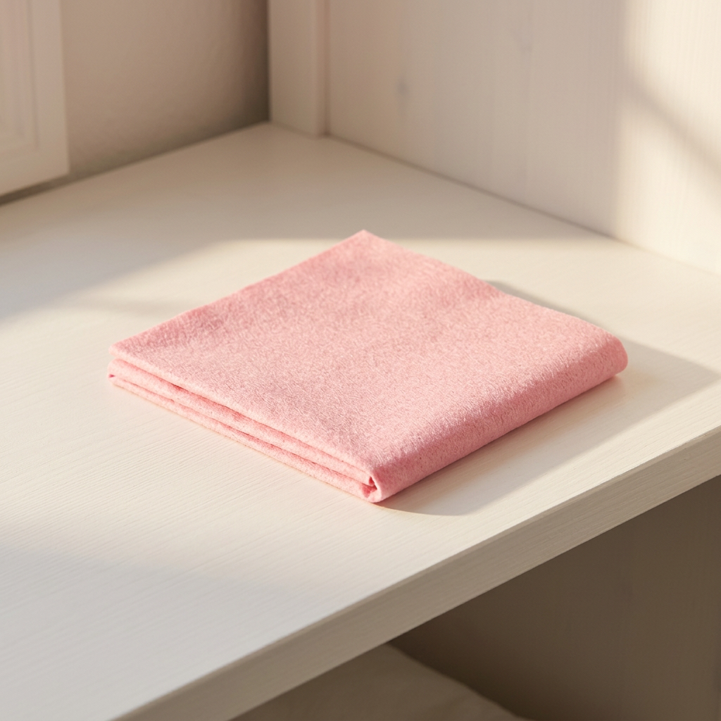 Rosa alt-mulig-klud foldet på en sollys hvid hylde.