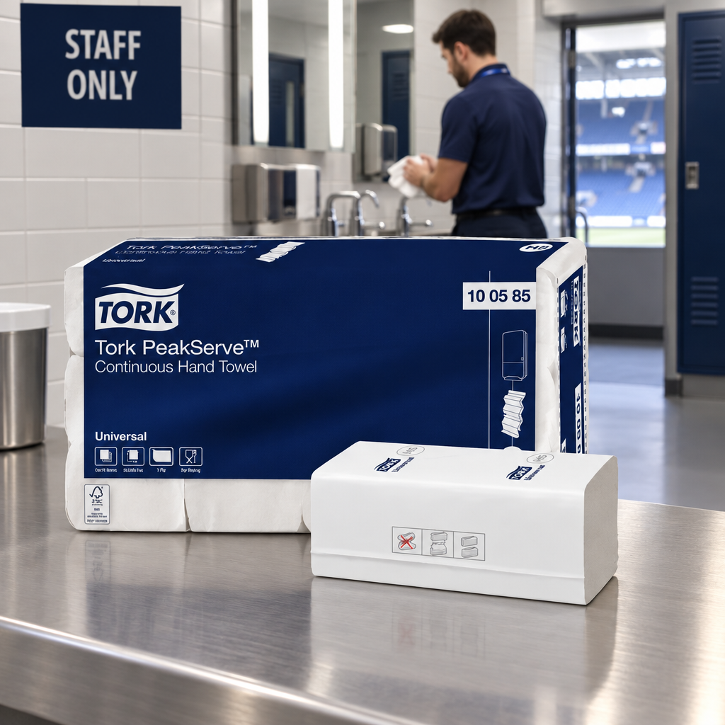 Tork H5 PeakServe pakning og papirbundt i stadionets personalevaskerum