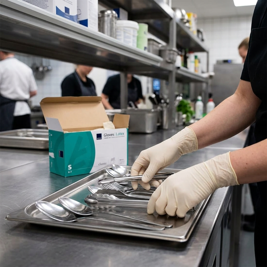 Voksen med naturfarvede latexhandsker håndterer bestik – stemningsbillede