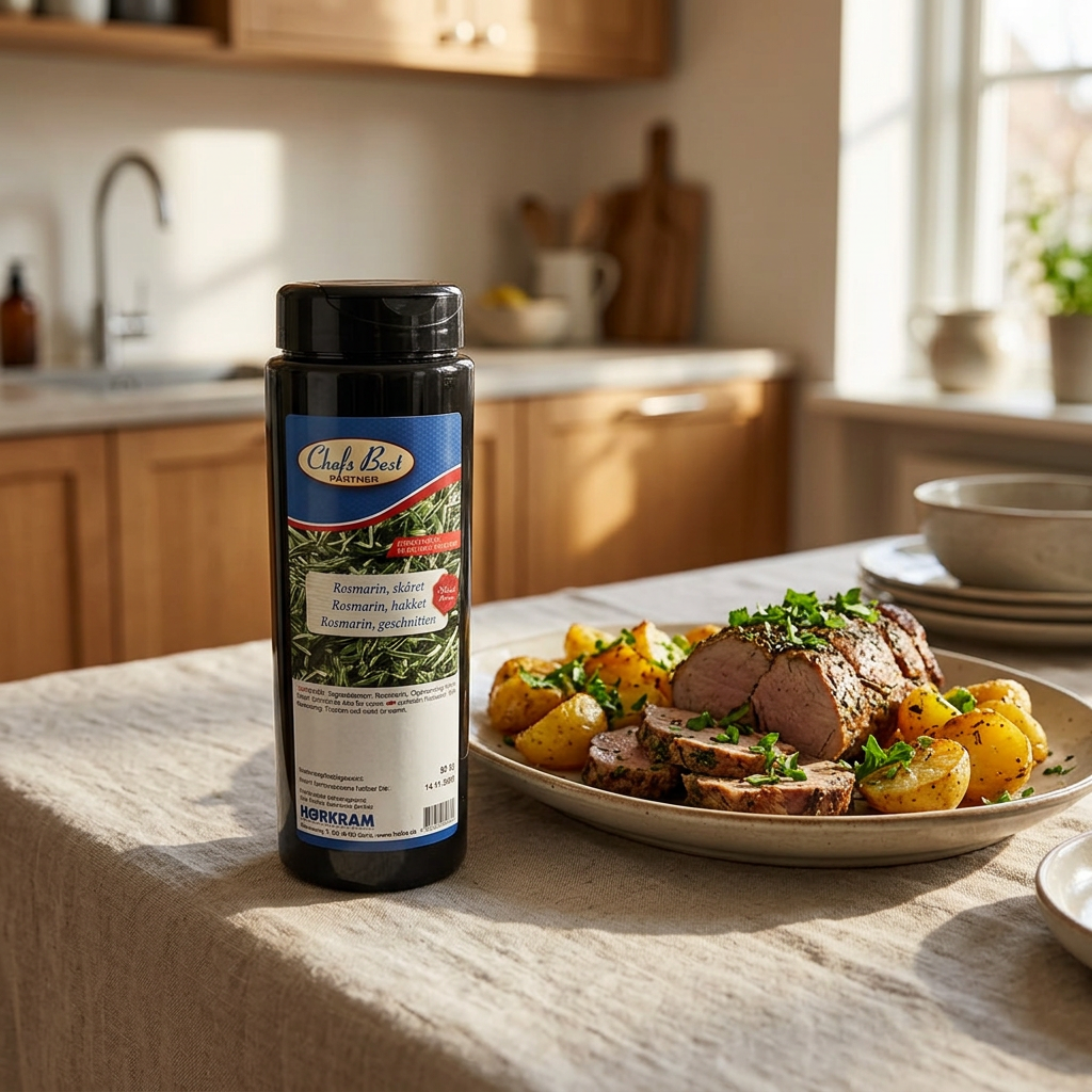 Rosmarin Chefs Best ved serveret kød og kartofler i naturligt sollys
