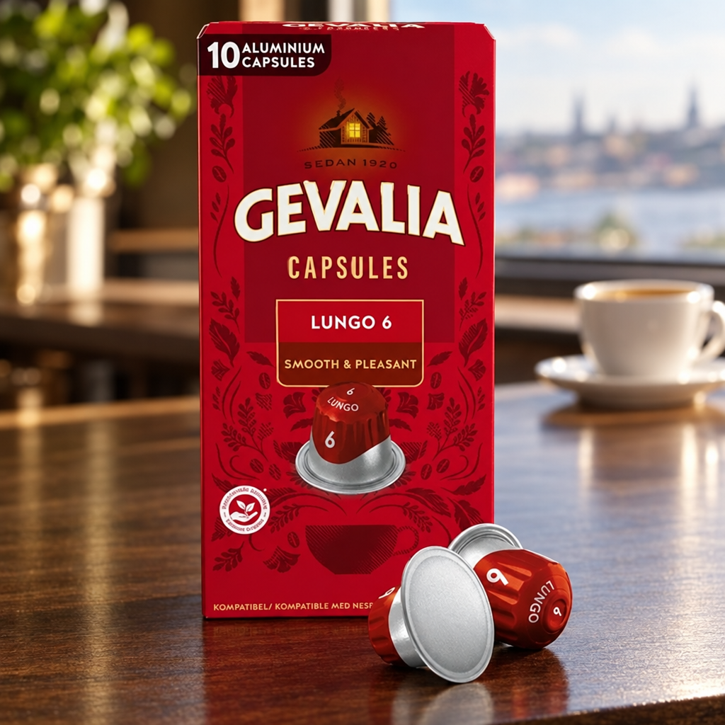 Gevalia Lungo 6 rød æske og kapsler på træbord ved vindue, stemningsbillede