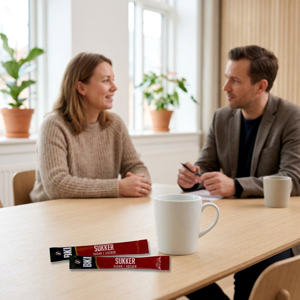 BKI sukkersticks ved kaffekop med to kolleger ved mødebord