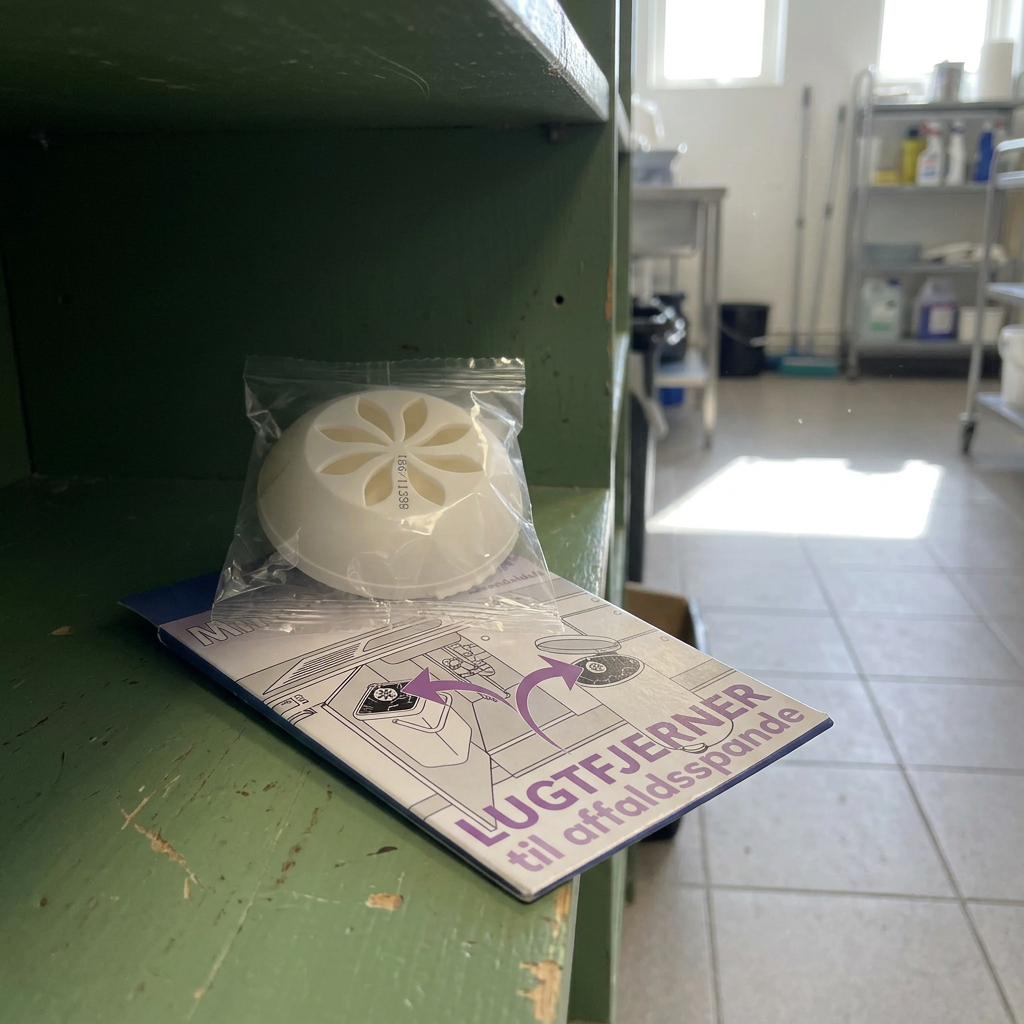 Minatol lugtfjerner i plastindpakning på hylde i skolens rengøringsrum, stemningsbillede
