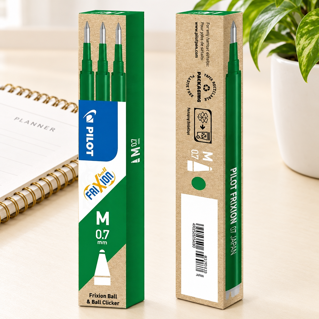 For- og bagside af grøn Pilot FriXion-refillpakke ved kalender og plante, genereret miljøbillede