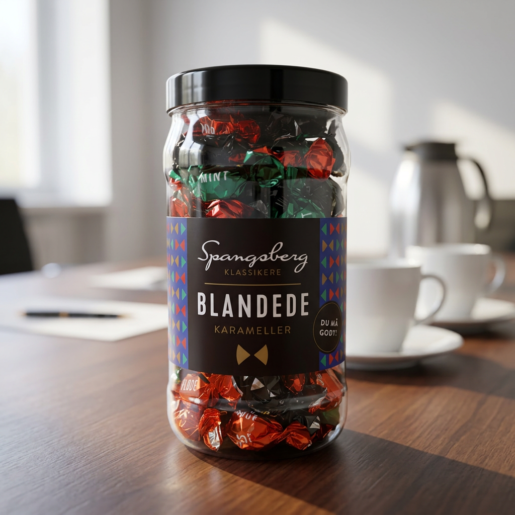 Spangsberg Blandede Karameller på mødebord med kaffe