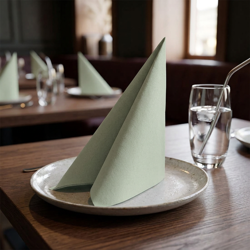Stående støvet grøn airlaid-serviet på restaurantbord