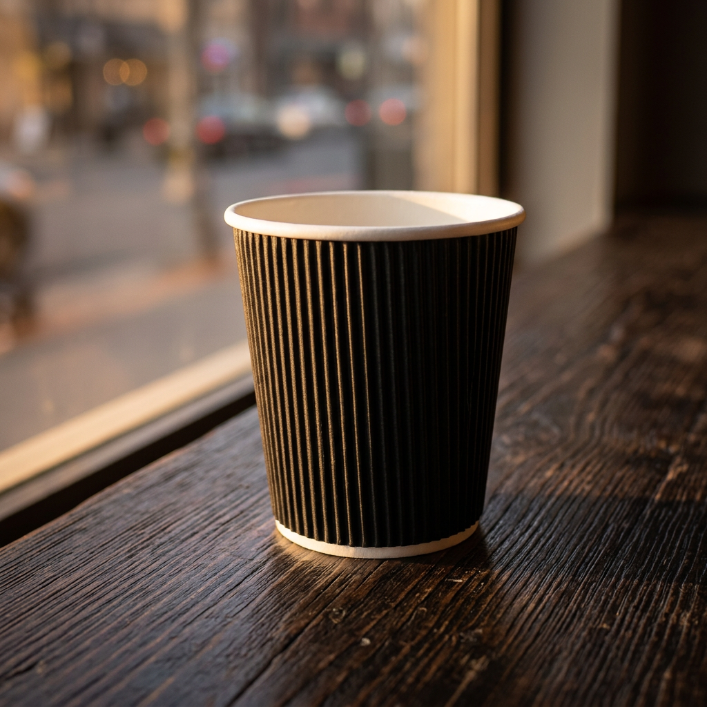 Sort Ripple Wall kaffebæger 30 cl på cafébord ved vindue