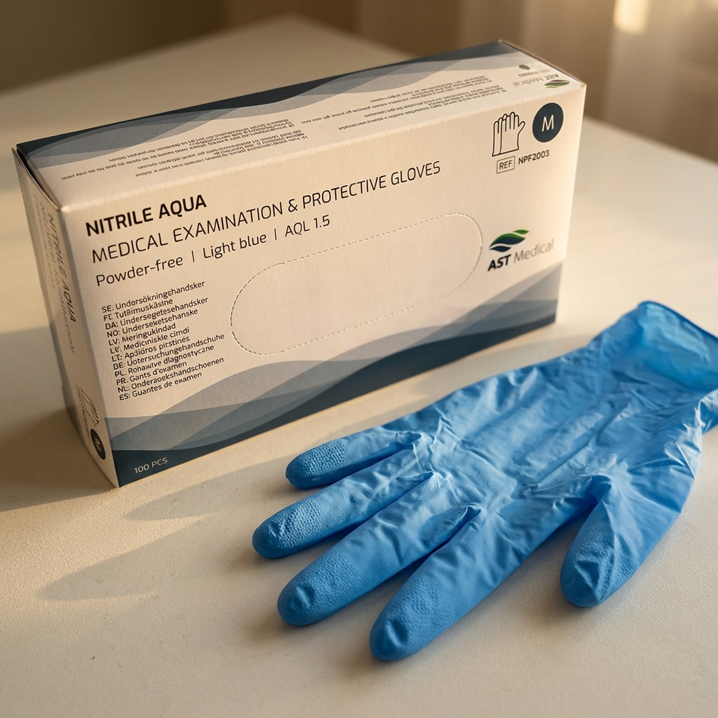 Detalje af blå nitrilhandske og Nitrile Aqua M-æske