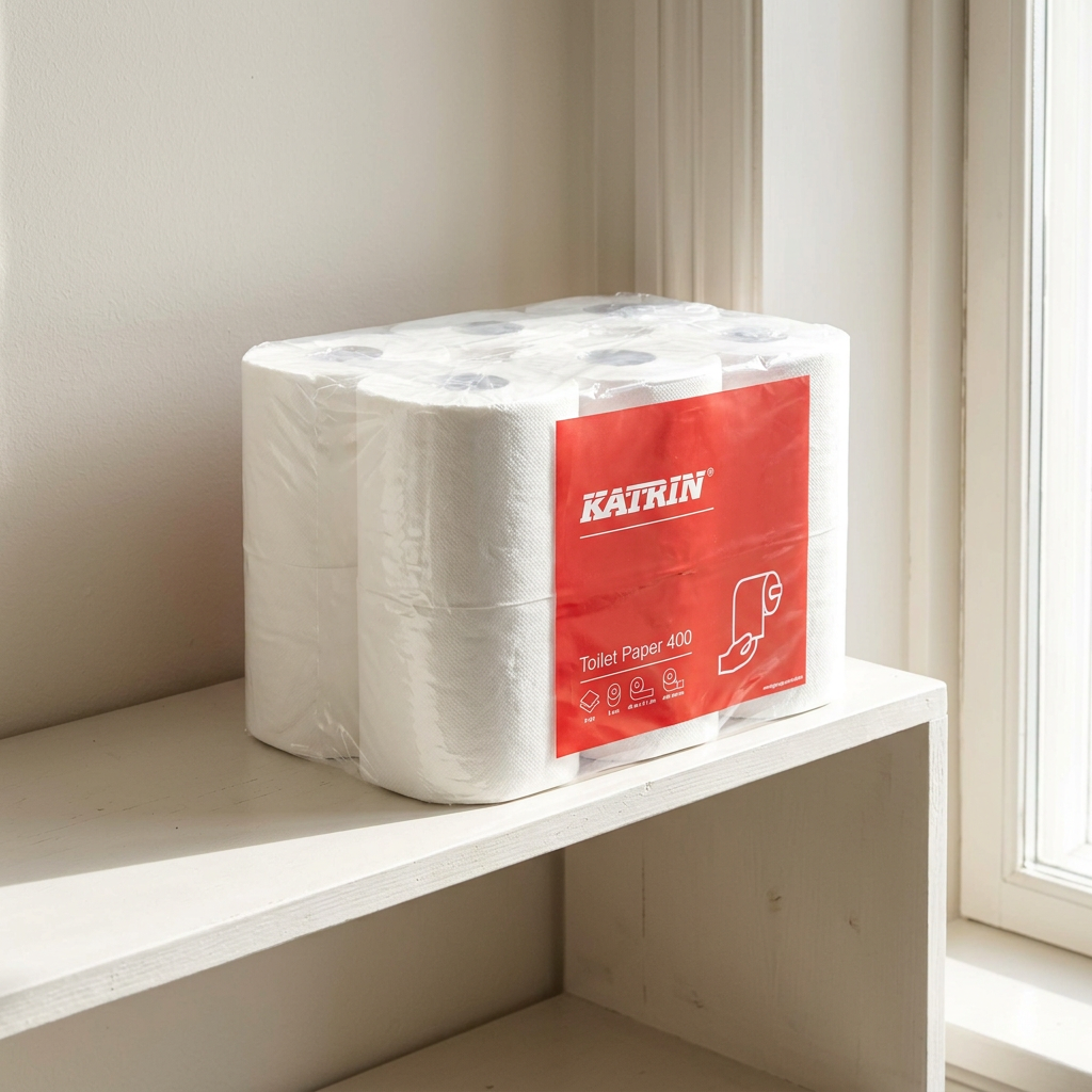 Illustreret Katrin Toilet Paper 400 papirpakke på reservehylde i sollys