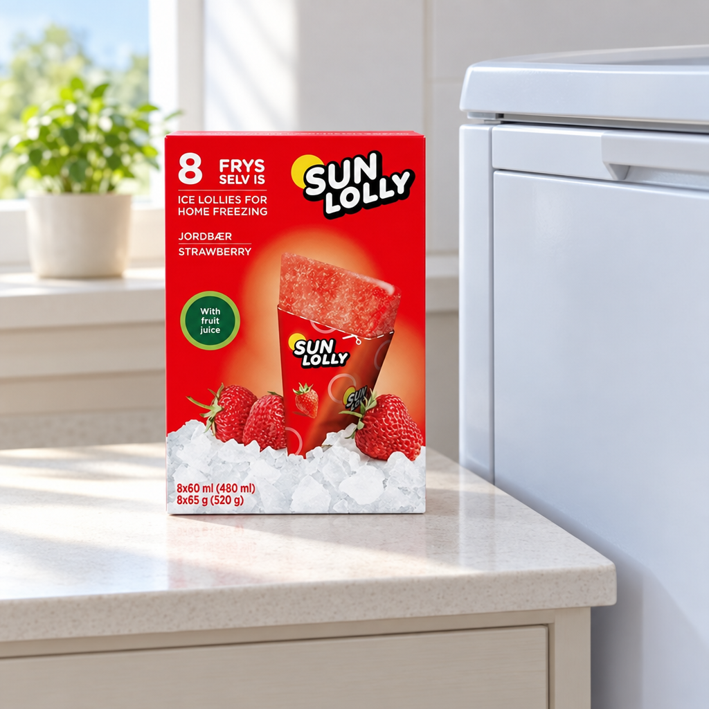 Sun Lolly Jordbær, 8 × 60 ml, på køkkenbord ved lukket fryser