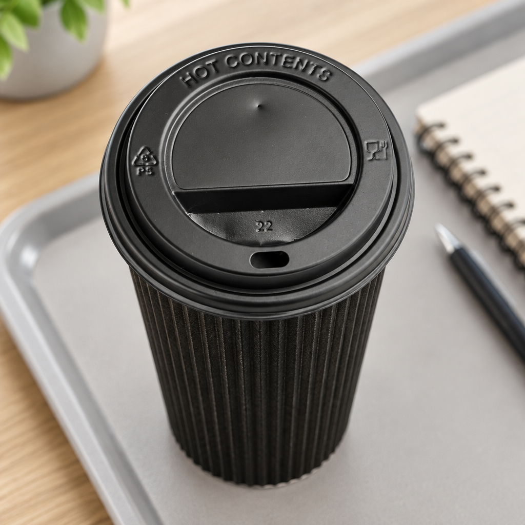 Sort låg på Ripple-kaffebæger på bakke ved notesbog