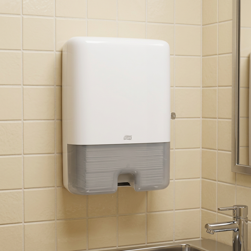 Hvid Tork Xpress H2-dispenser på cremefarvede fliser ved gæstehåndvask