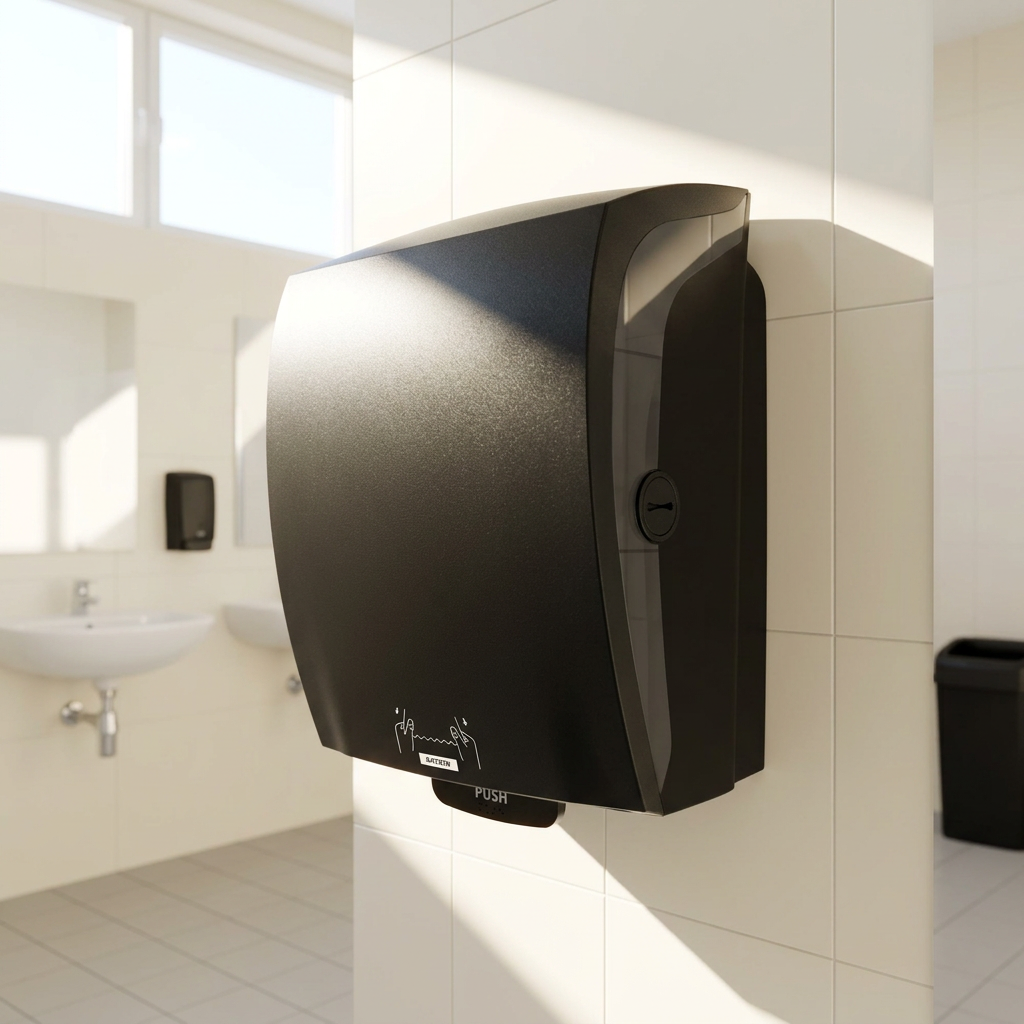 Katrin System-dispenser på væg i sollyst personaletoilet