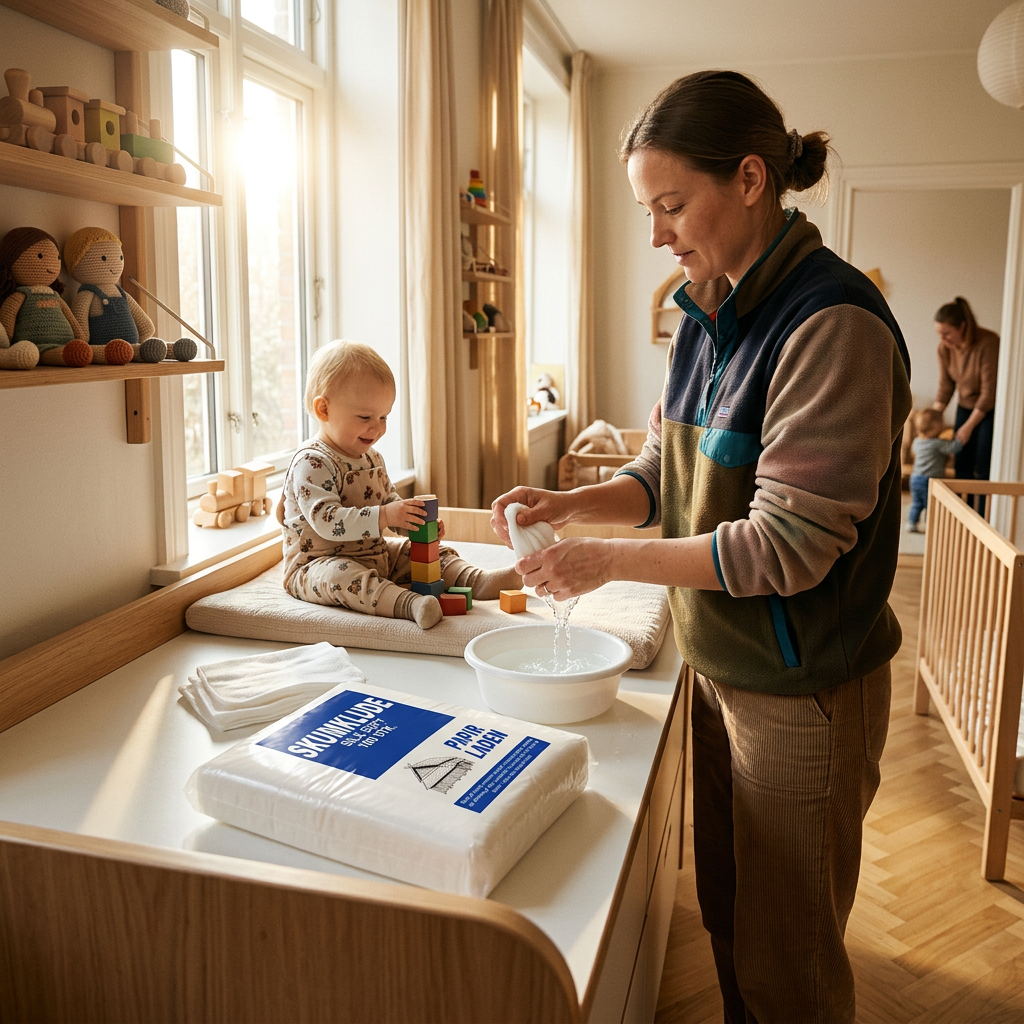 Skumklude ved solrig pusleplads i vuggestuen med voksen og barn