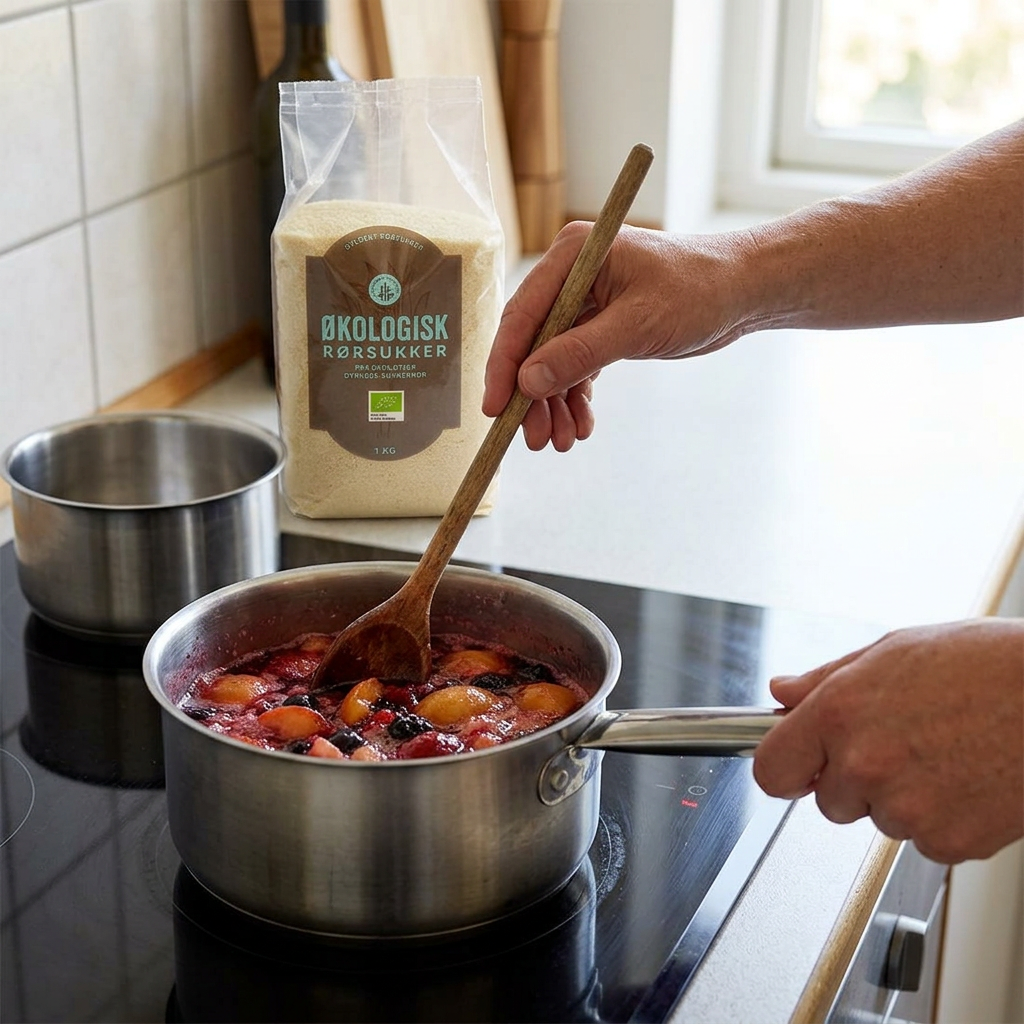 Frugtkompot røres i en gryde med posen med økologisk rørsukker på bordet bagved