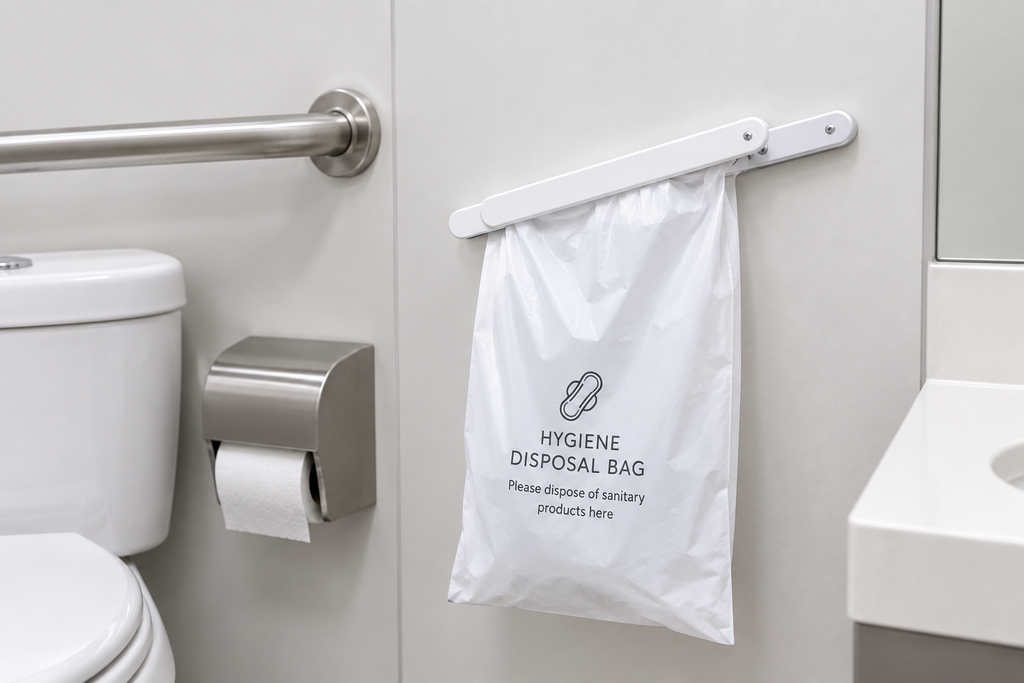 Klemme til madameposer monteret på væg i offentligt toilet