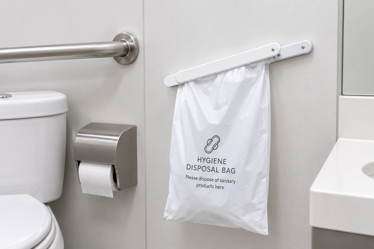 Klemme til madameposer monteret på væg i offentligt toilet