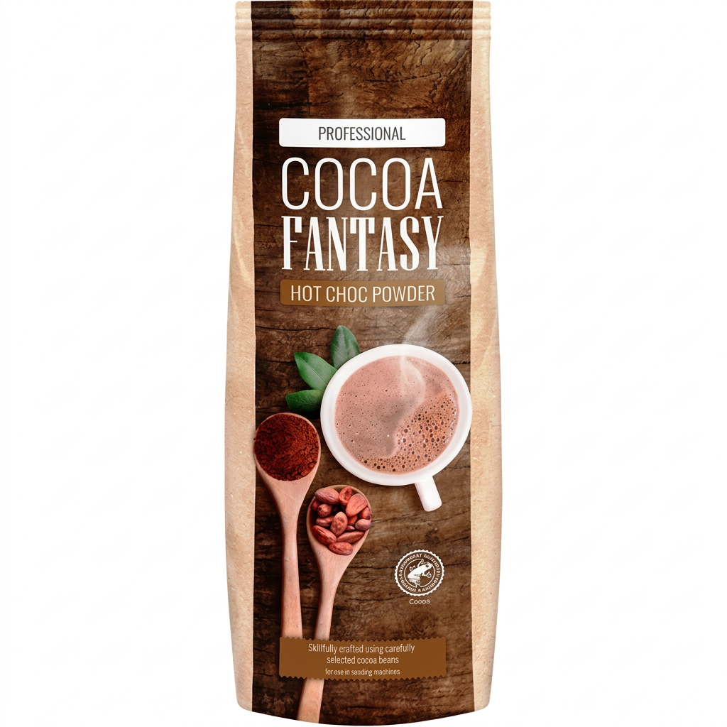 Cocoa Fantasy Hot Choc Powder kakaopulver i pose på hvid baggrund