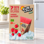 Sun Lolly ØKO Hindbær, 7 × 60 ml, på køkkenbord ved lukket fryser
