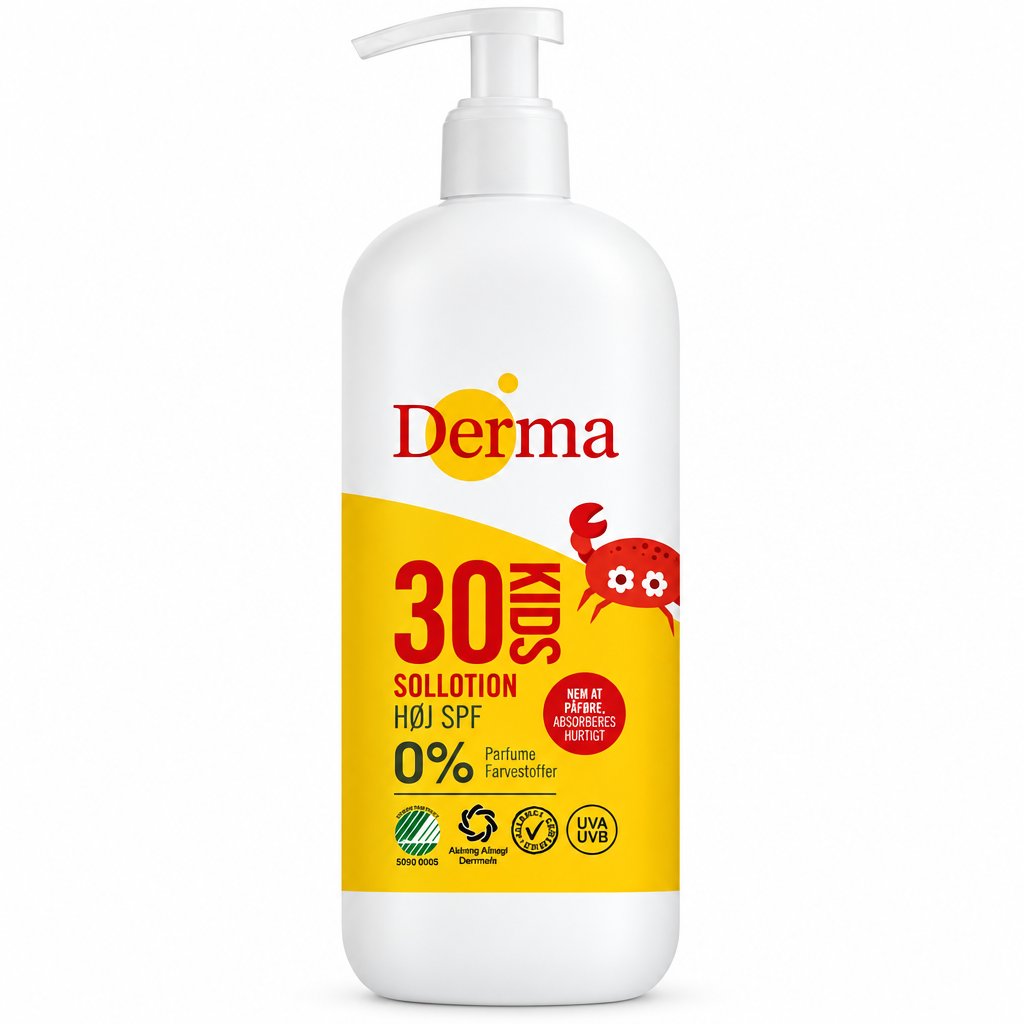 Derma Kids SPF30 pumpeflaske på hvid baggrund
