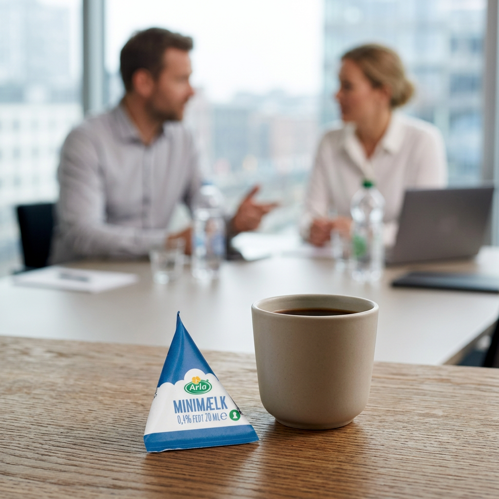 Arla minimælk og kaffekop i forgrunden med to voksne på kontoret