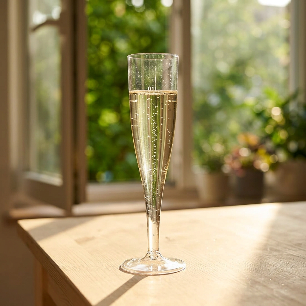 Champagneglas med lys boblende drik ved sollyst vindue