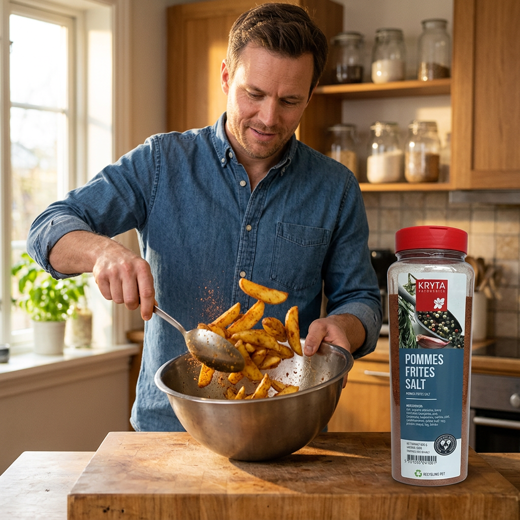 Mand vender kartoffelbåde med krydderi, Kryta pommes frites-salt står på bordet