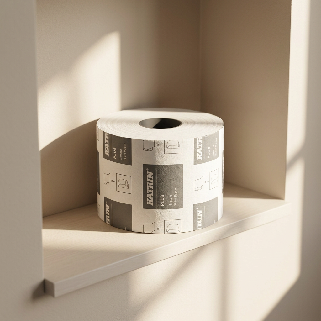 Katrin Plus System 87365 toiletpapirrulle på lys nichehylde i solskin