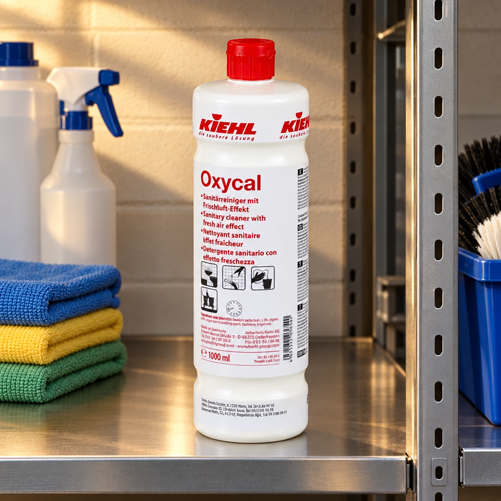 Kiehl Oxycal 1 L på metalhylde i rengøringsdepot med varmt lys