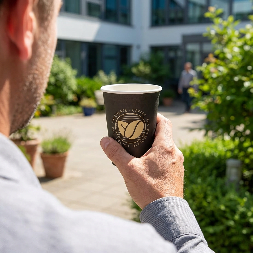 Voksen holder Beans kaffebæger ved solrig firmapause