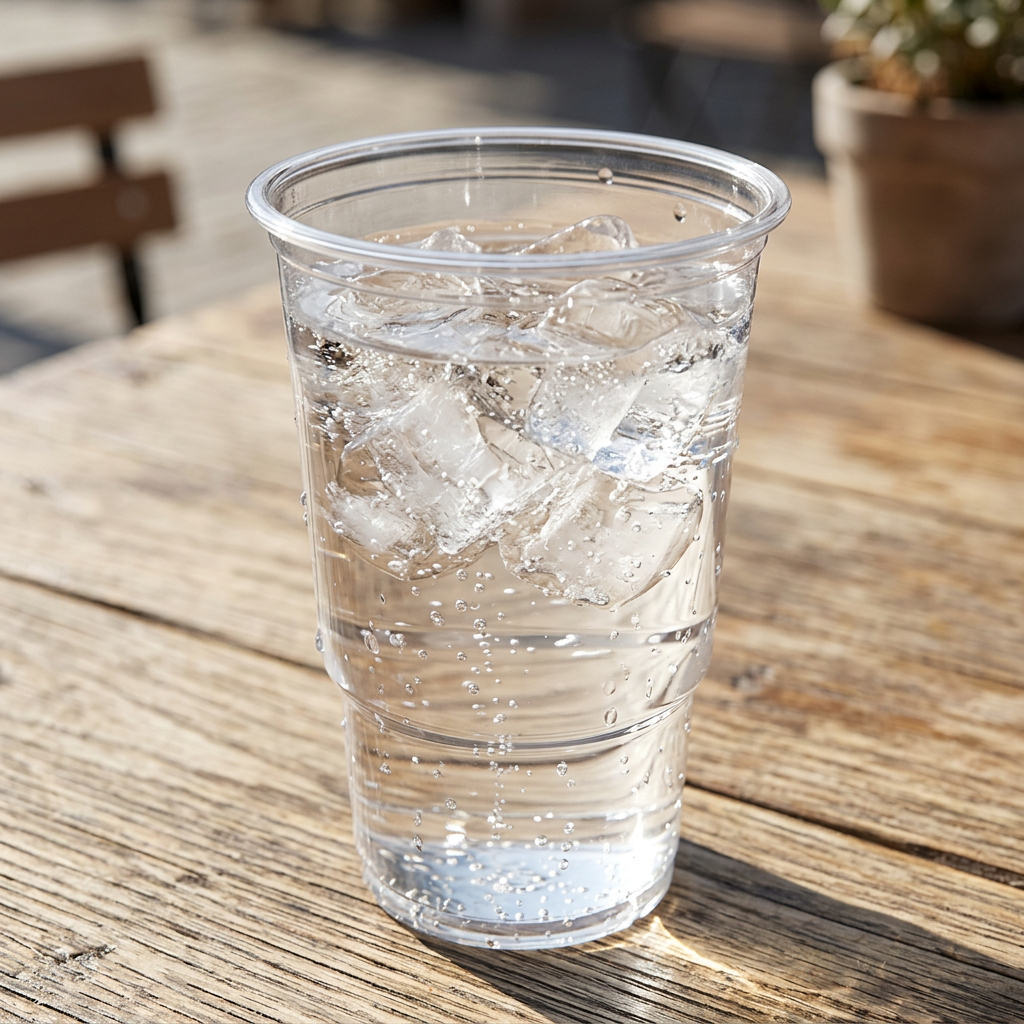 Vand med isterninger i et klart plastglas på et cafébord