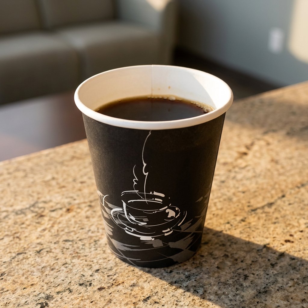 Sort kaffebæger 25 cl fyldt med kaffe på lys stenbordplade