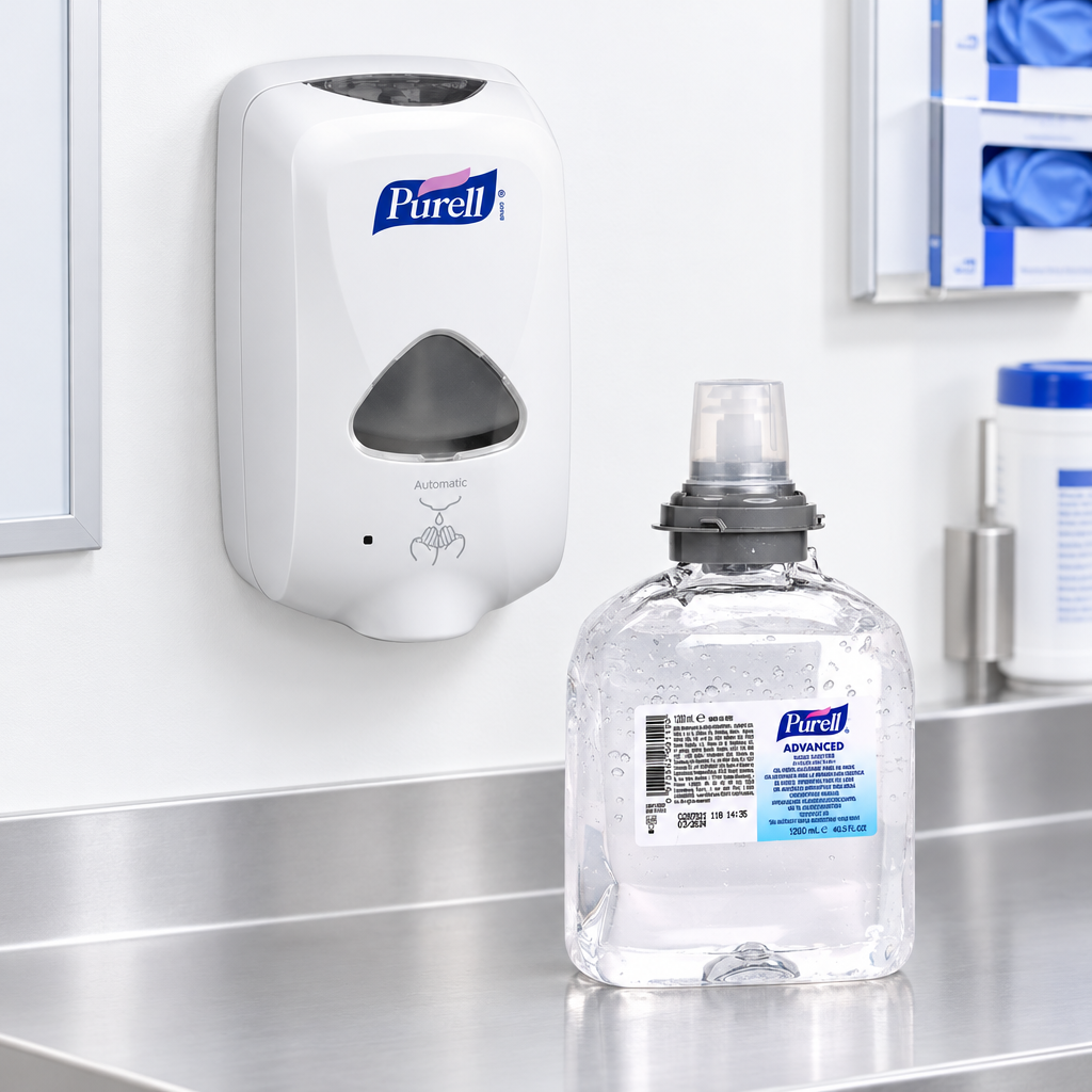 Miljøforslag med hvid Purell TFX-12 dispenser og separat gelrefill ved klinik