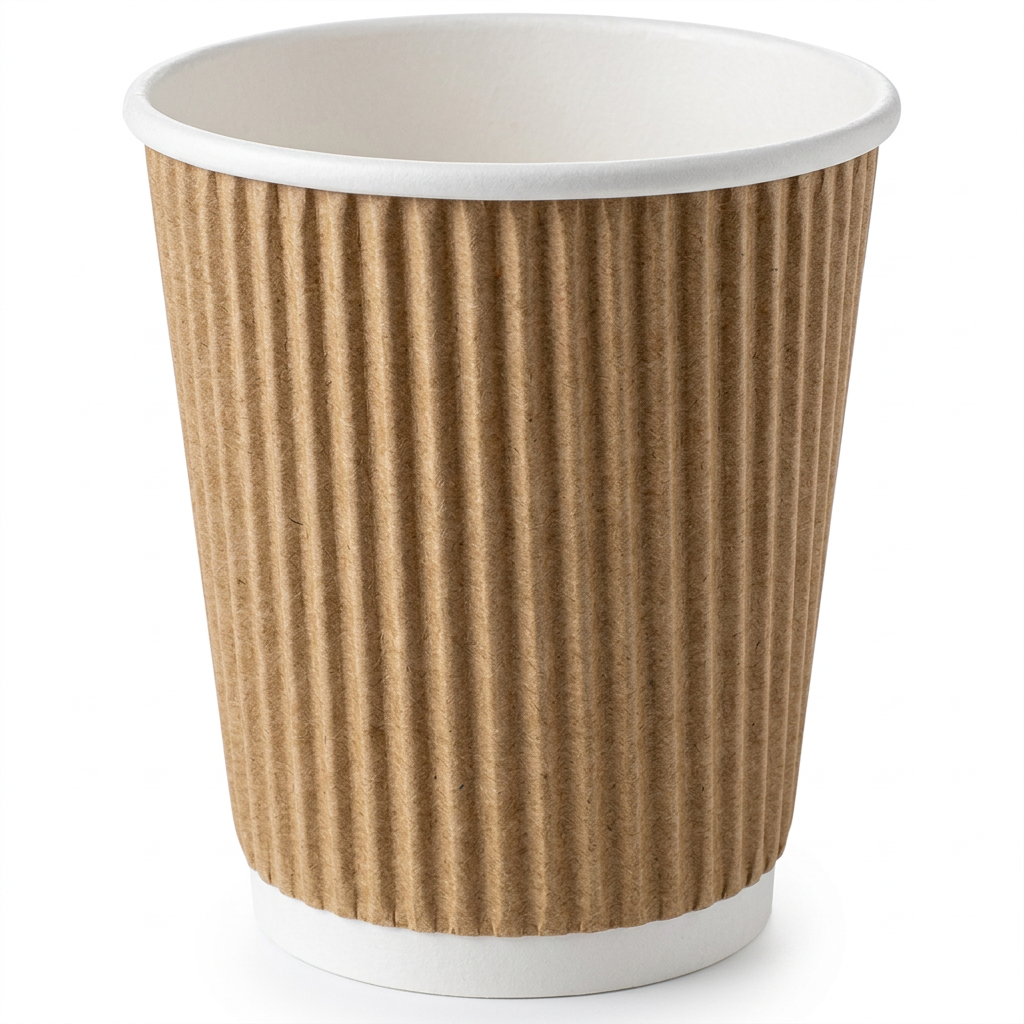 Brunt Detpak Ripple-Wrap kaffebæger 24 cl med bølget yderside, hvid kant og bundbånd på hvid baggrund