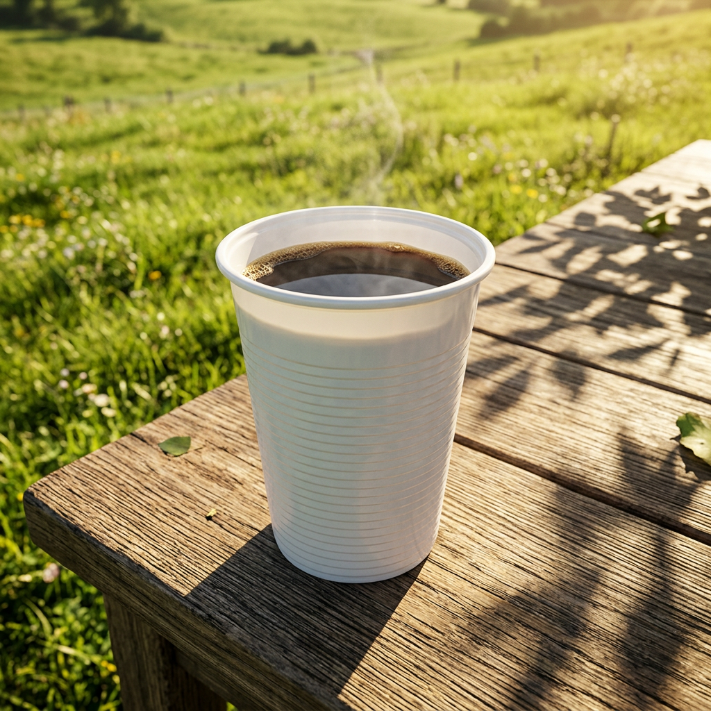 Hvidt drikkebæger med kaffe på solrigt træbord ved grøn eng