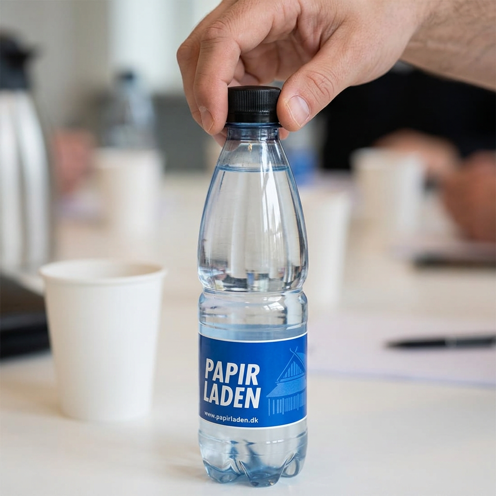 Det sorte låg drejes ved åbning af Papirladens 0,5-liters logovand ved kaffepausen
