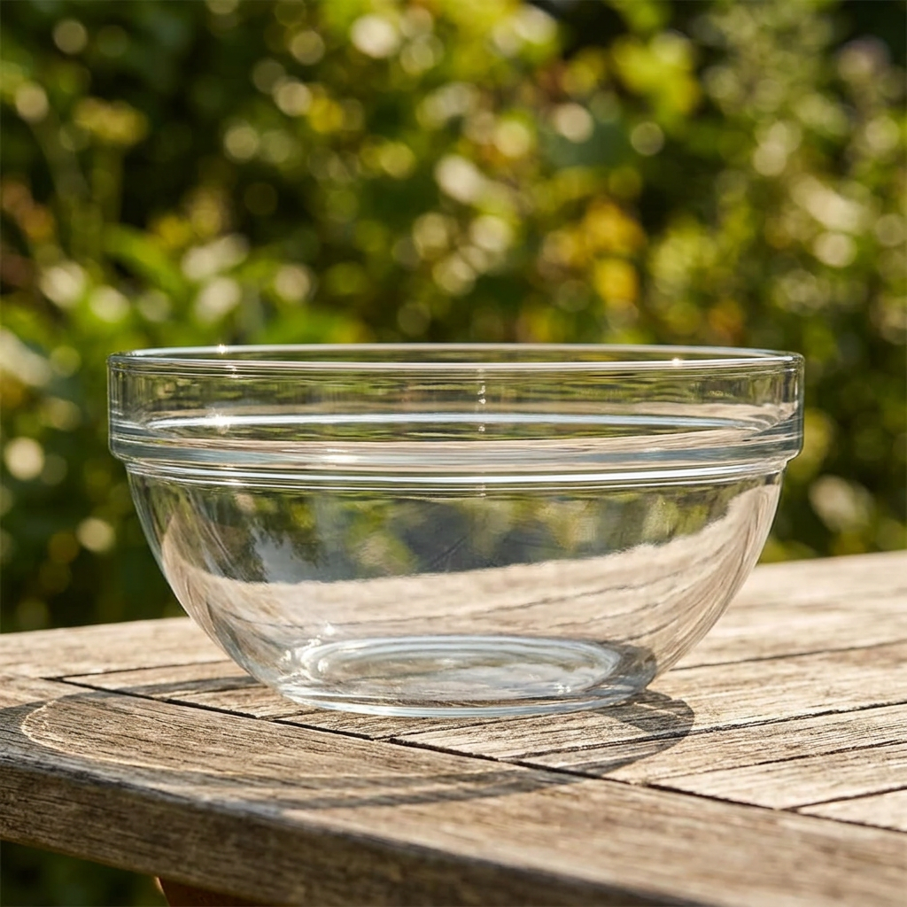 Klar glasskål på havebord i solskin, stemningsbillede