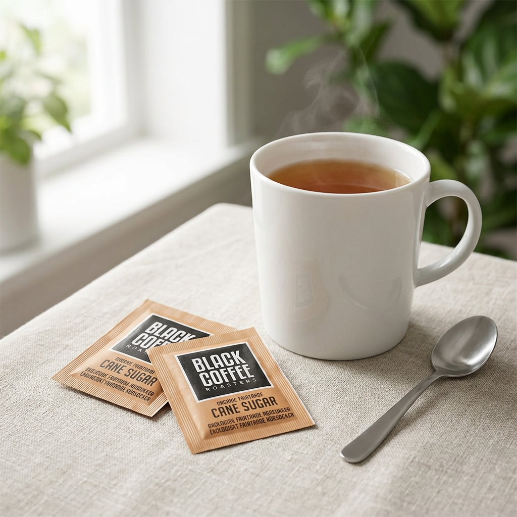 Black Coffee Roasters portionsrørsukker ved hvid tekop på morgenbord