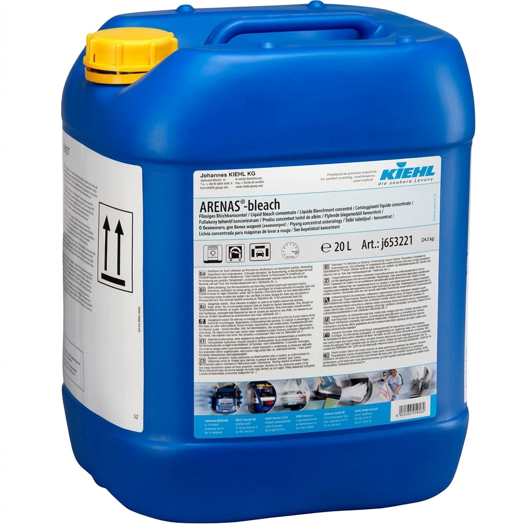 Kiehl Arenas Bleach 20 L blå dunk med gult låg på hvid baggrund, forbedret produktfoto