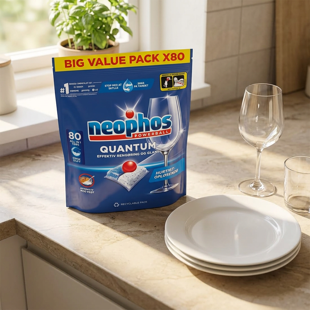 Neophos Quantum 80 tabs ved tallerkener og glas i solrigt køkken
