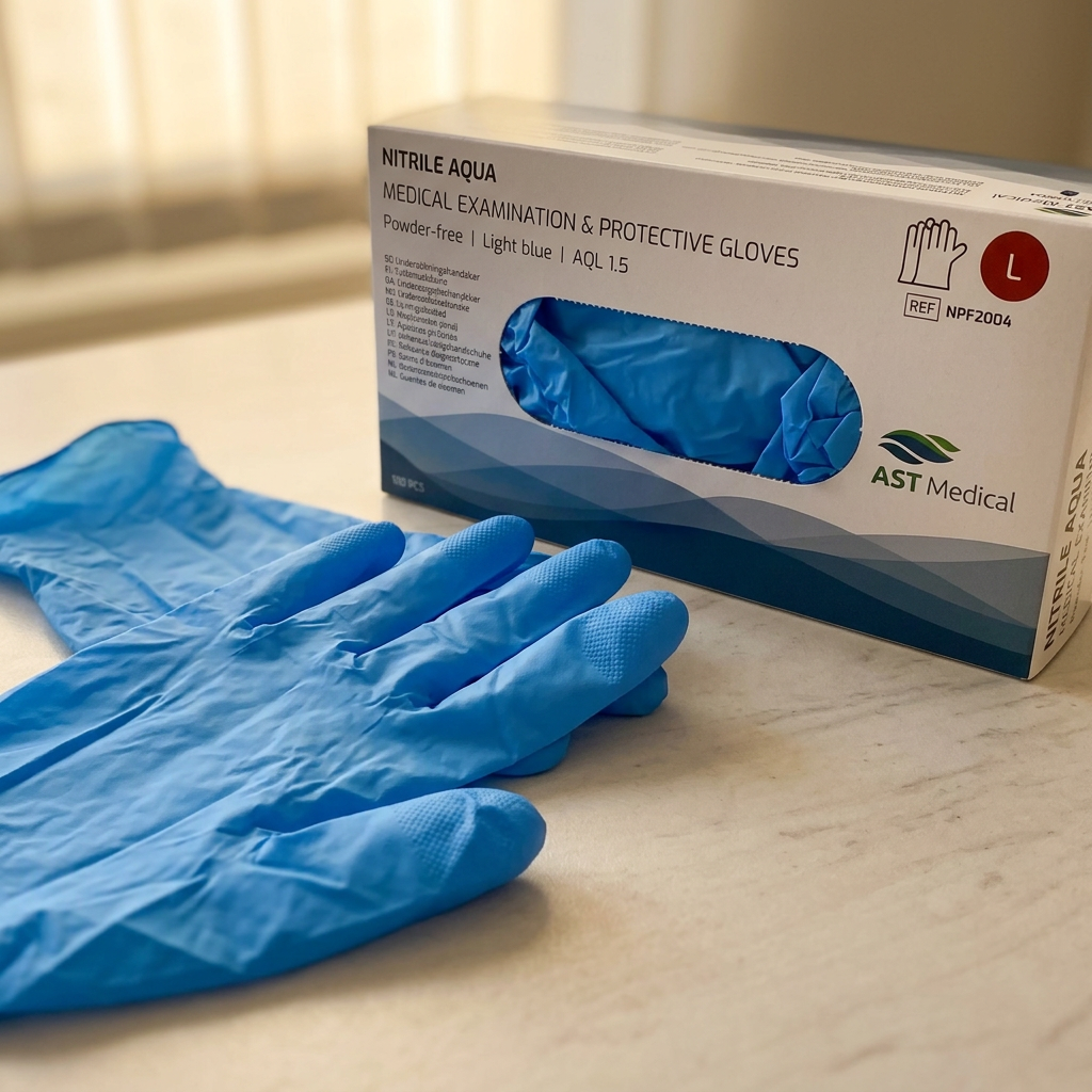 Detalje af blå nitrilhandske og Nitrile Aqua L-æske
