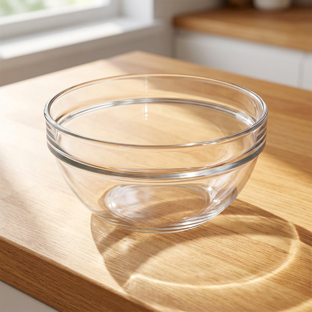 Glasskål på sollyst køkkenbord, stemningsbillede