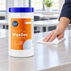 Kiilto Pro Alco-Free WipeDes ved illustreret aftørring af et lyst servicebord med en foldet serviet