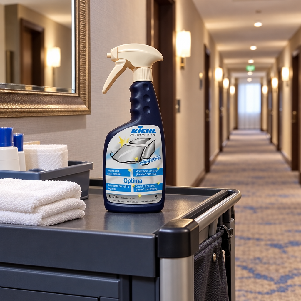 Kiehl Optima 500 ml spray på hotelvogn ved spejl, stemningsbillede