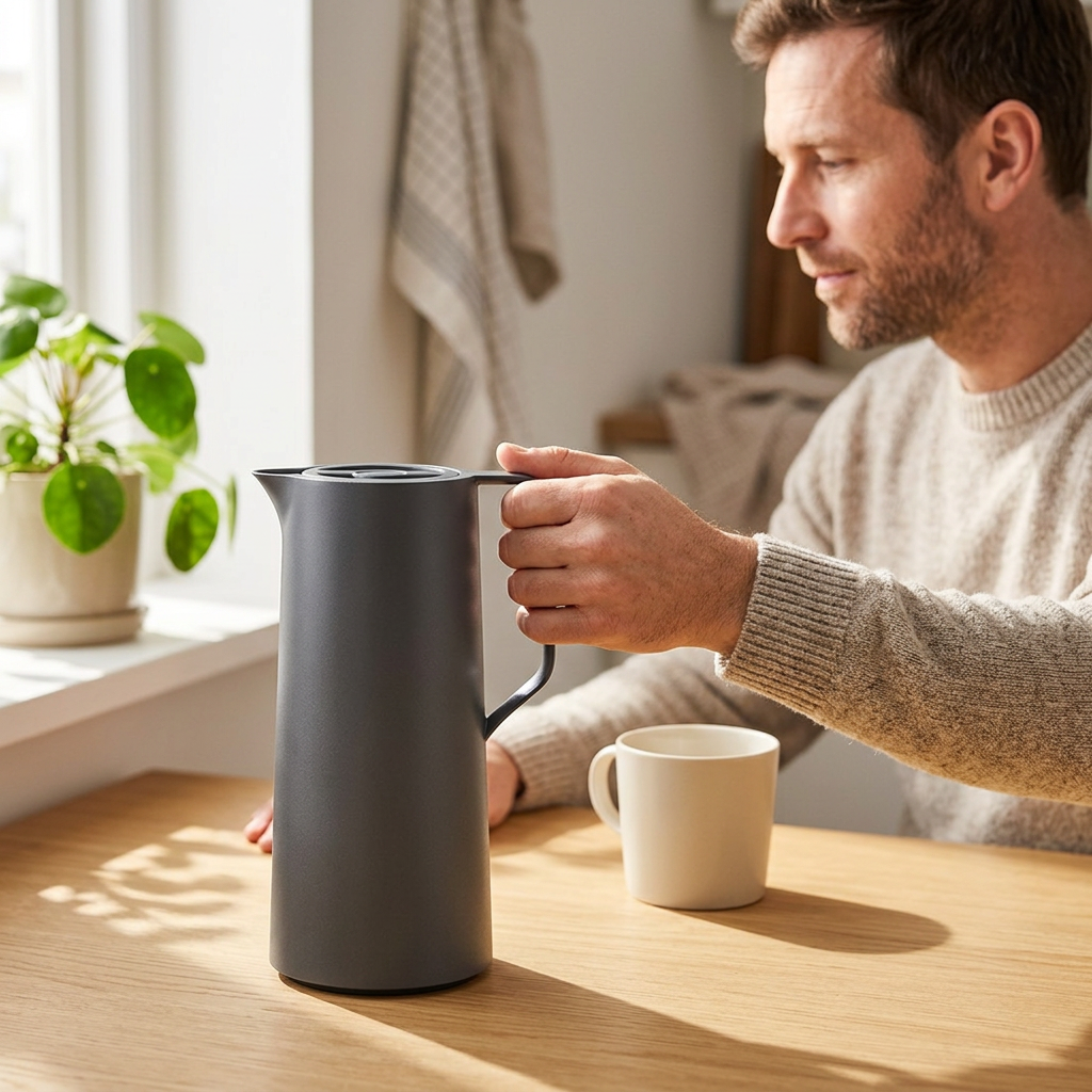 Voksen tager fat i Tefal Motiva termokandens håndtag ved morgenbordet
