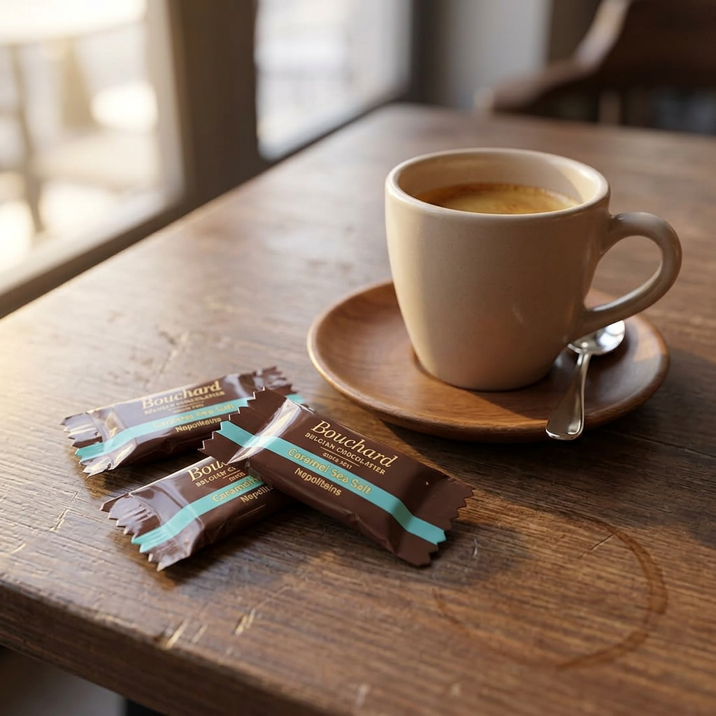 Bouchard karamel og havsalt kuvertchokolade ved espressokop