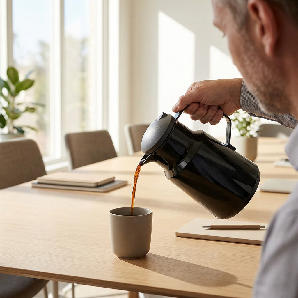 Voksen serverer kaffe fra sort ROTPUNKT 290-termokande i et solrigt mødelokale. Kop medfølger ikke