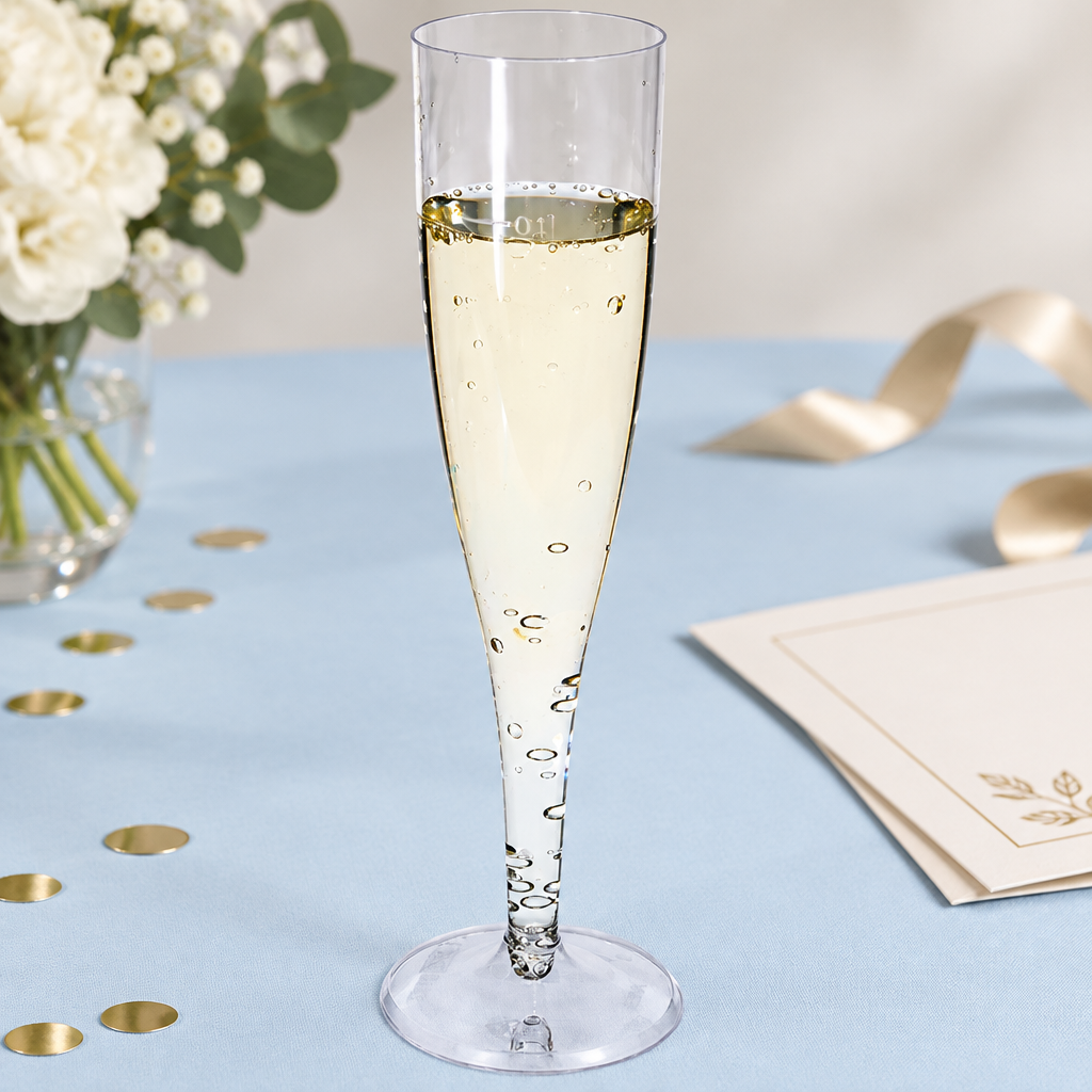 Klart champagneglas med fast fod på blå festbordplade