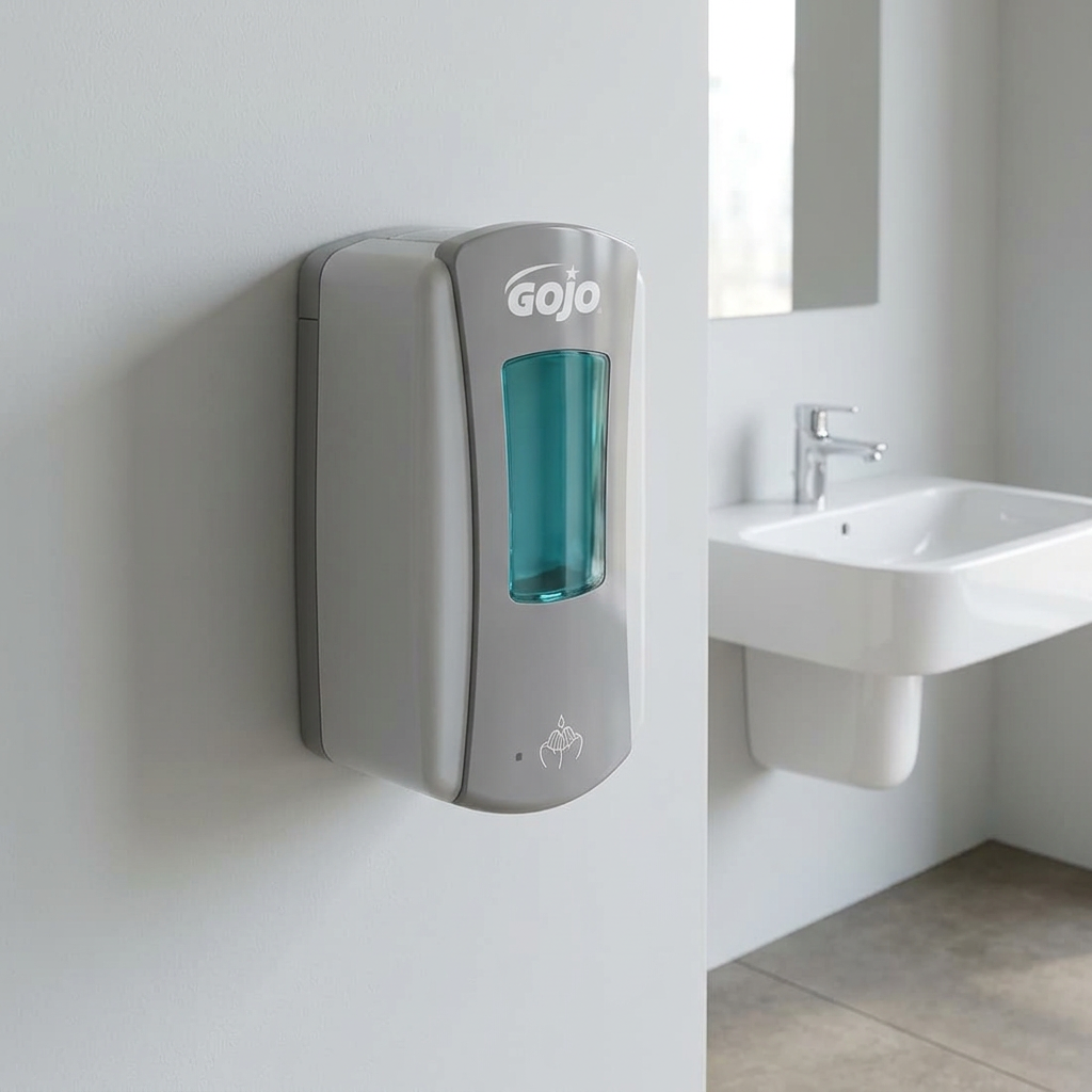 GOJO LTX-12 skumsæbedispenser i hvid/grå ved håndvask i lyst kontormiljø